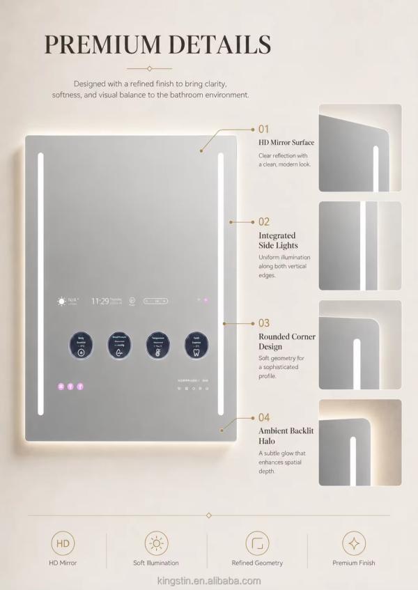 Custom Smart TV Bathroom Mirror with Android Touch Display, WiFi, Bluetooth and Side LEDs for Hotels,