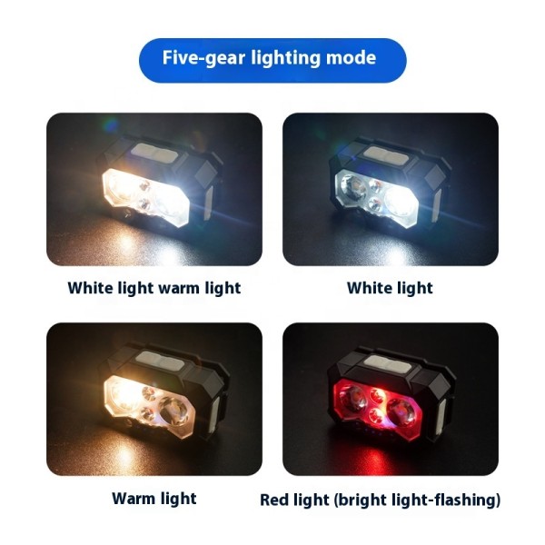 Dual Light Source LED Headlamp with Yellow & White Light Built-in USB Charging Lithium Battery Wave Induction Night Fishing Tool