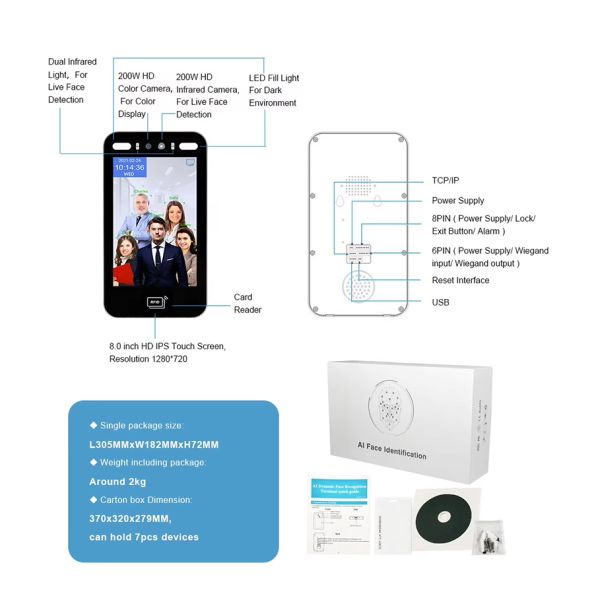 8 Inch Screen Dynamic Biometric Time Attendance System Fingerprint Face Recognition Access Control Device WIFI Cloud