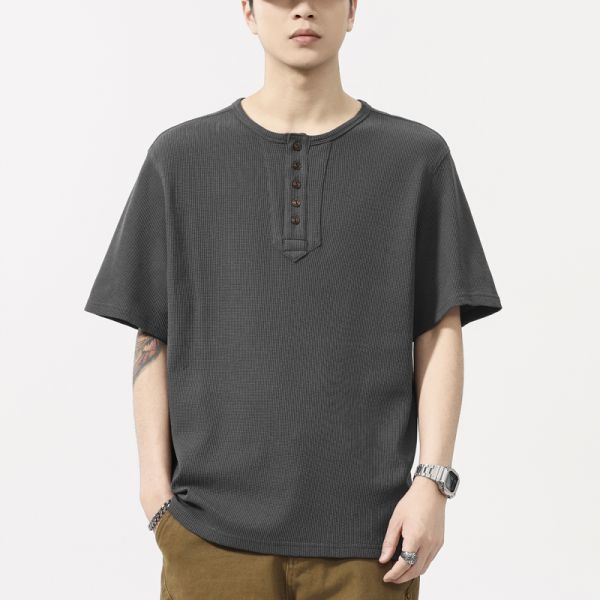 Minimalist Waffle O-Neck Regular Fit Solid Knitted Printed Cotton-Polyester Vintage T-shirt for Men's Autumn Casual OEM