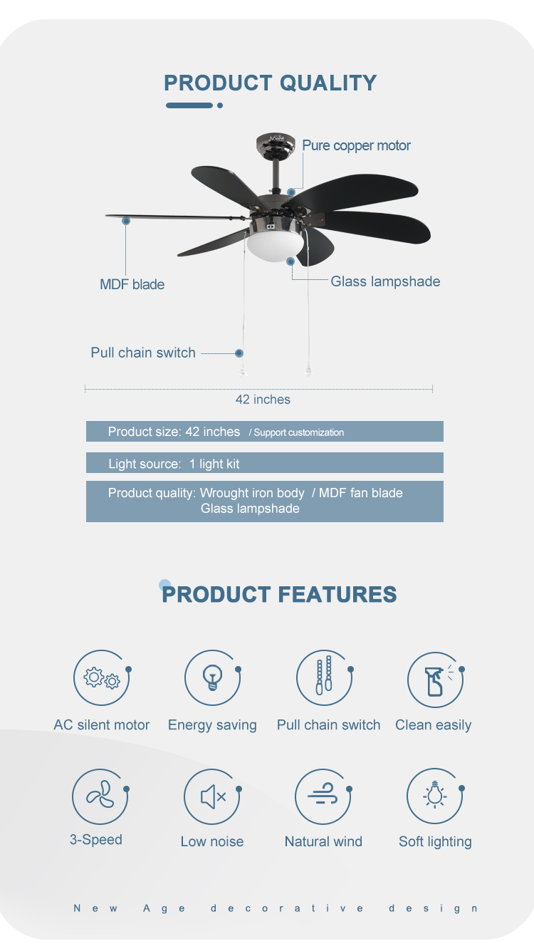 Restaurant Pull Chain Switch Ceiling Fan Six MDF Blades AC Motor