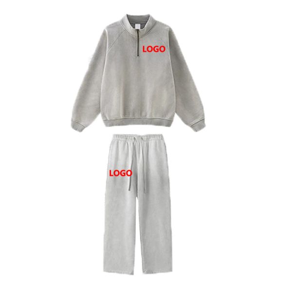 Customized Breathable 3D Embroidery Oversized Vintage Washed Half Zipper Hoodie Sweatpants Set Worn-out Style Winter Men's
