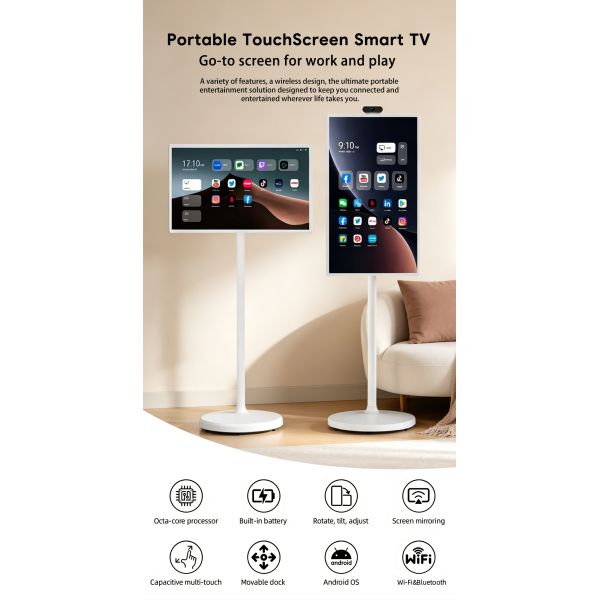 MJK 27" Portable Smart TV Android 13 Smart Display Touch Screen LED Backlight FHD 12V DC for Business/Home Use