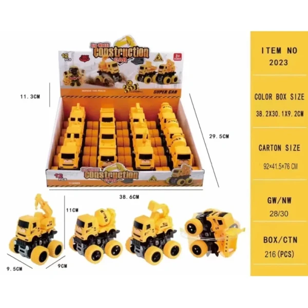 Plastic Pull Back Friction Powered Construction Engineering Vehicle Dump Crane Mixer Truck Kids Toy Car 12 Piece Display