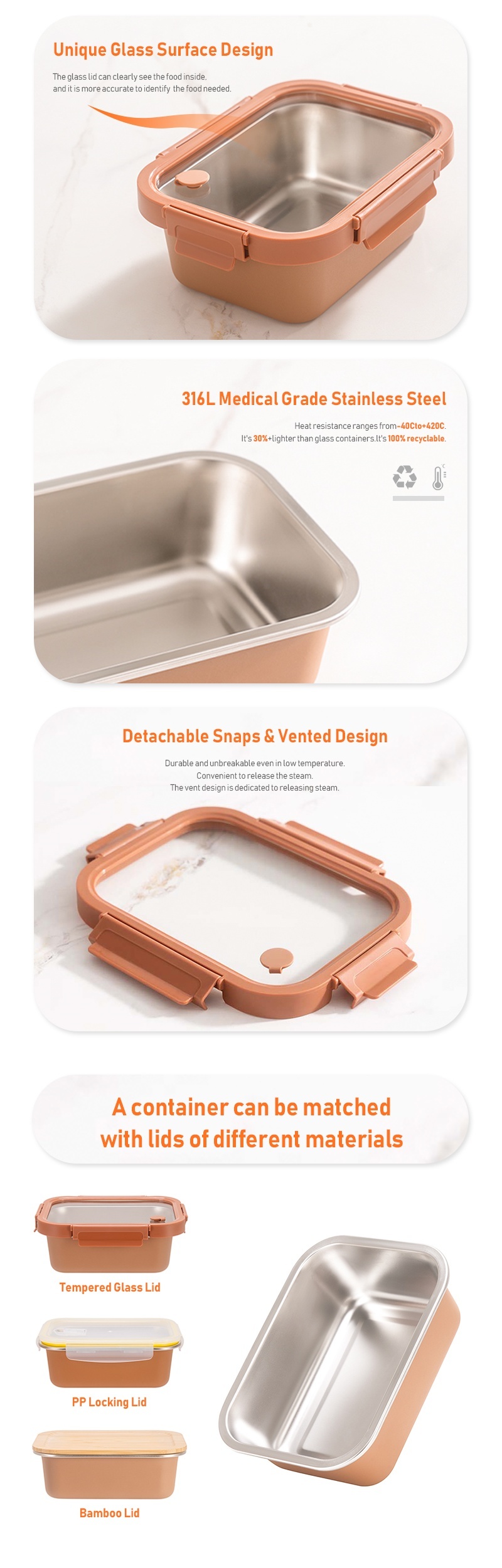 Leak-proof Microwavable Stackable Stainless Steel Food Storage Container Metal Bento Box for Meal Prep
