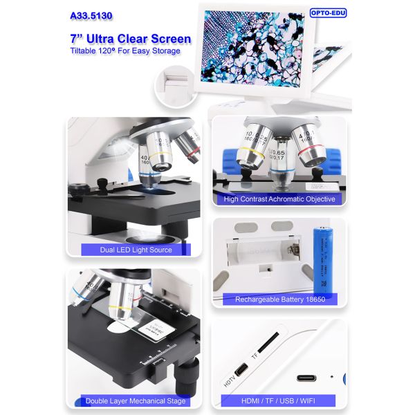 OPTO-EDU A33.5130 7'' LCD Microscope 8MP Camera 1080p Video HDMI/WiFi/USB Portable Design