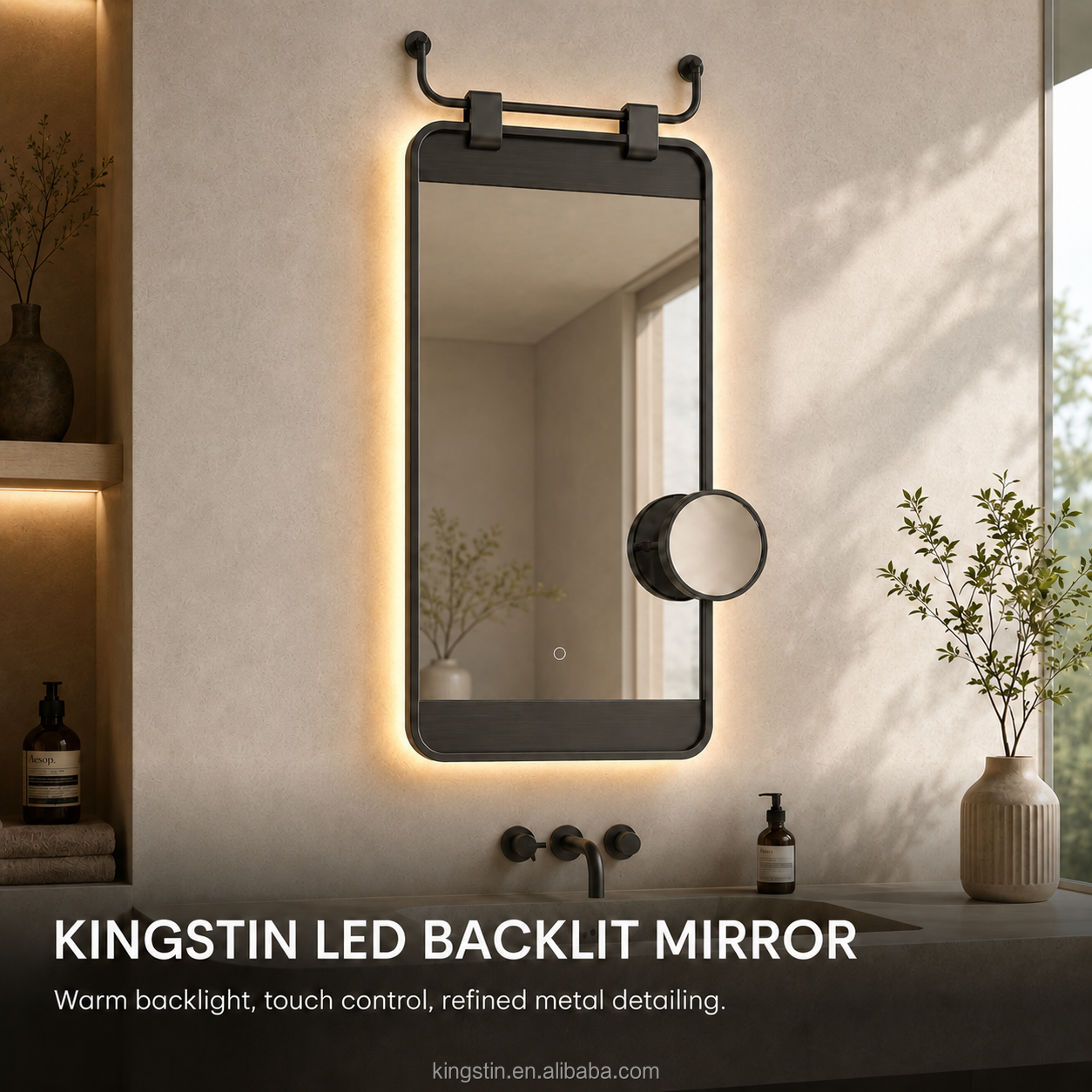 Kingstin Modern Hanging LED Mirror Custom Size Backlit Bathroom Vanity Mirror Anti-Fog Smart Touch Makeup Mirror