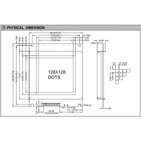 128*128 Graphic FSTN Monochrome LCD Module AT0107 22 Pin Industrial Display