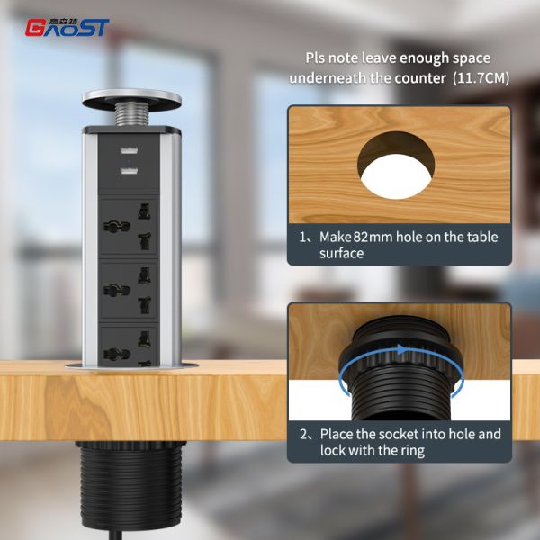 82mm Retractable Power Socket with 3 Universal Outlets and 20W USB-C Charge for Kitchen Countertop