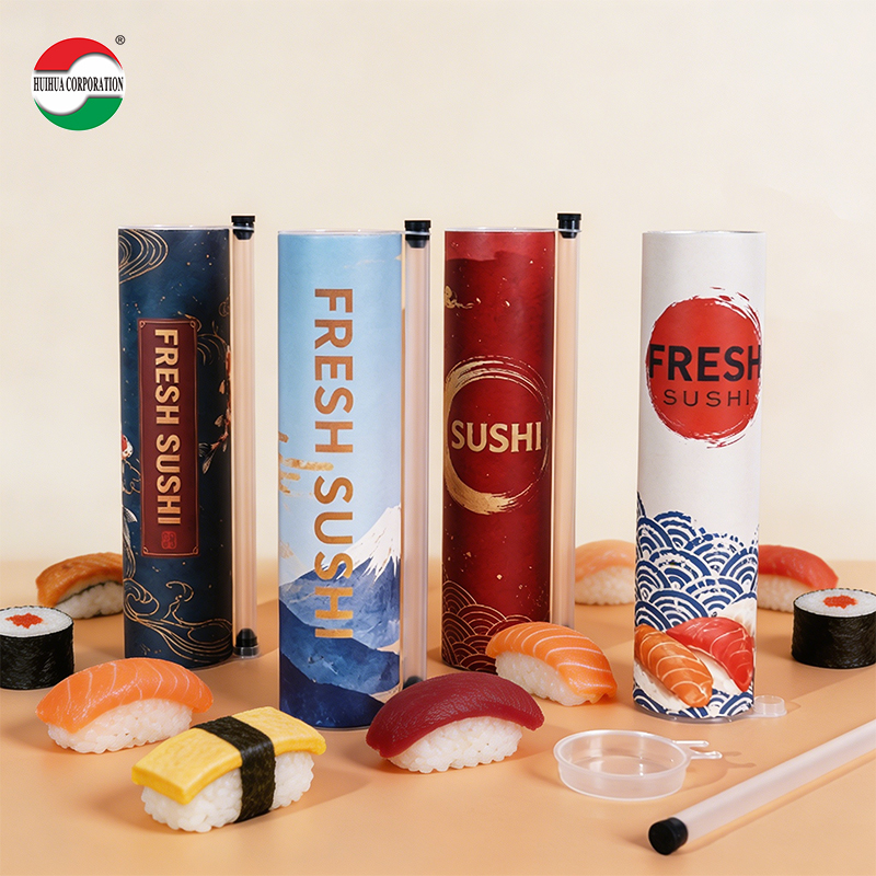 Custom Eco-Friendly Food Grade Craft Paper Sushi Push Pop Roll Packaging Cylinder Take-away Sushi Roll Tubes Hot Stamping Logo