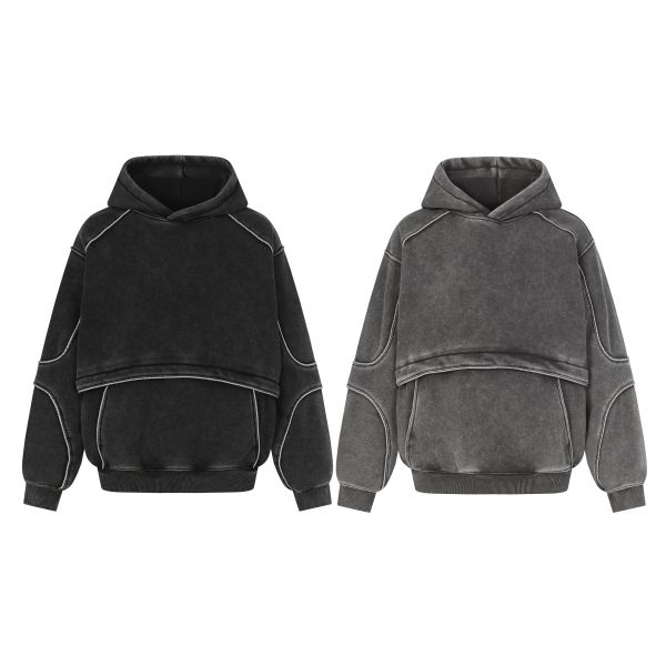 Dark Grey Washed Heavyweight Fleece Winter Hoodie Reflective Strip 3D Pattern Vintage Style Oversized Fit Breathable Windproof