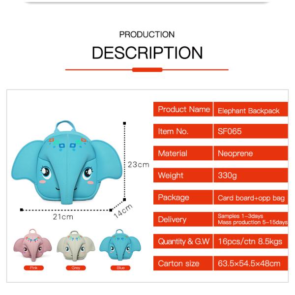 Supercute Elephant Backpack Custom Backpack Neoprene Material Cartoon Design