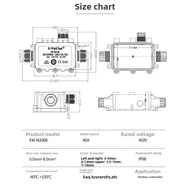 Waterproof Electrical Junction Box IP68 1In2Out Outdoor Cable Connector Through-Type