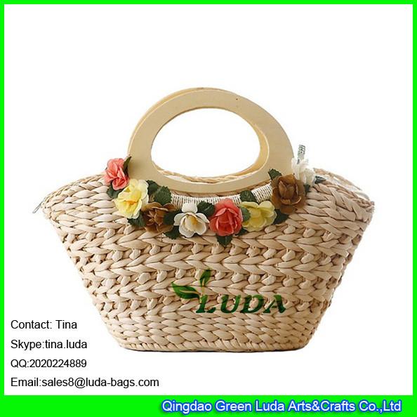 Quality LUDA 2016 new style girl's wooden handles corn husk straw tote bags for sale