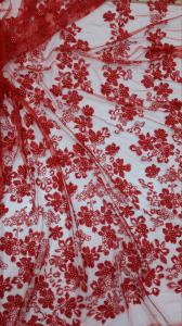Wholesale French Chantilly Floral Red Beaded Lace Fabric , Hand Beaded Mesh Fabric For Wedding Dress from china suppliers