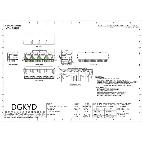 RJ45 Quad Port Integrated Gigabit Transformer Network Connector Network Port Socket With Transformer For Ethernet Switc KRJ-401QGYENL