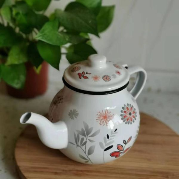 High Temperature Logo Printing Health Care Function Tea Kettle and Tea Pot Maker Round Shape Enamel Teapot with Lid