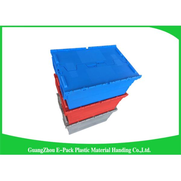 Nestable heavy duty plastic storage containers with attached lids stackable