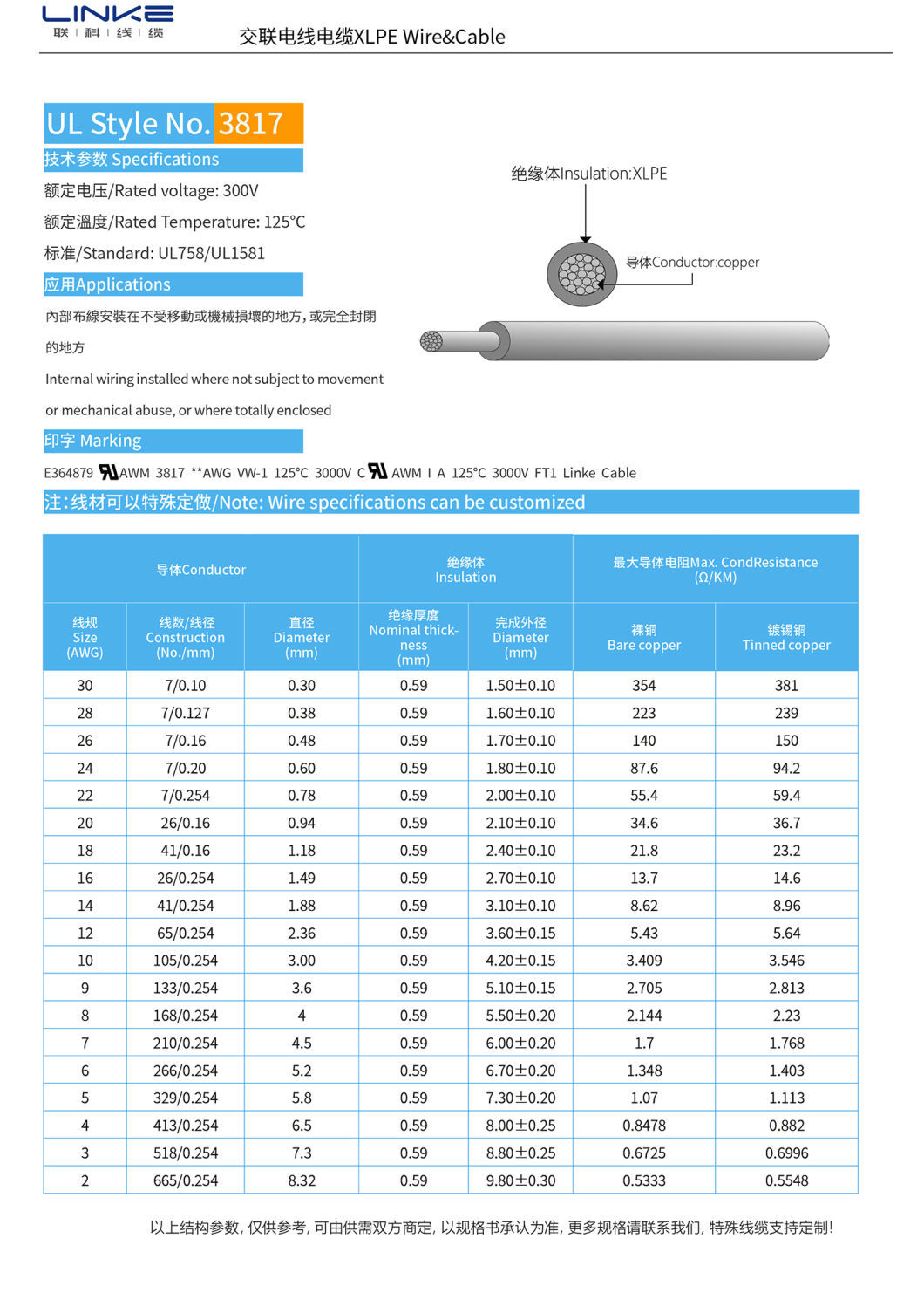300V Single Core Flexible Copper Conductor UL3817 Energy Storage Cable for Professional