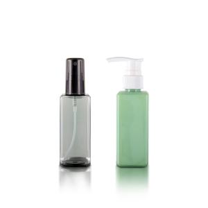 China 100ML Square Cosmetic Plastic Bottle With Sprayer Lotion Pump Eco-Friendly PET PCR on sale