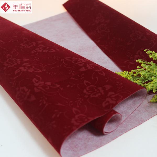 Printed Spunlace Velvet Flock Fabric Dark Red With Flower Pattern