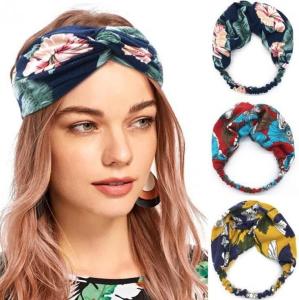 China Printing ladies cross knot hair ribbon fabric headband elastic hair band on sale