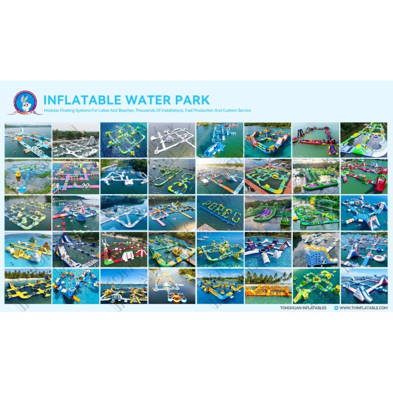 Custom Modular Inflatable Water Park with Floating Walkways Slides Trampolines and Balance Obstacles for Lakes Resorts Beaches and Commercial
