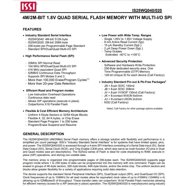 IS25WQ040-JNLE Memory Chip IC FLASH - NOR 4MBIT SPI 104MHZ 8SOIC