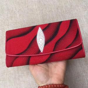 China Authentic Stingray Skin Female Long Trifold Wallet Coin Case Genuine Leather Women Large Red Clutch Purse Lady Money Bag on sale