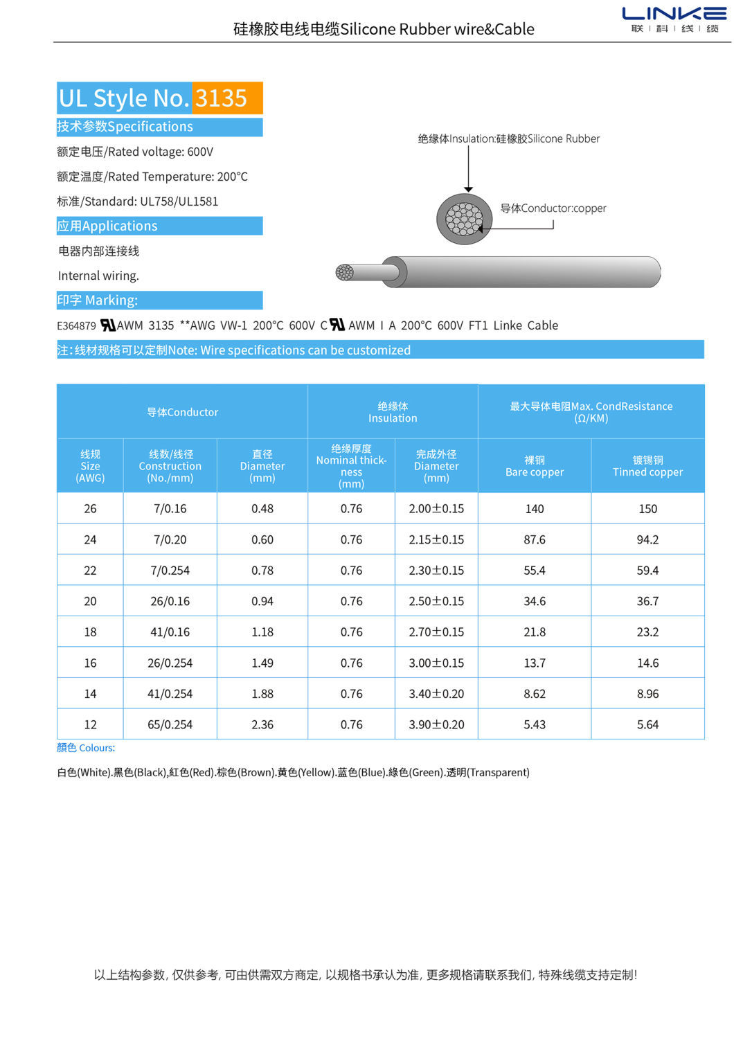 Customized Request AWG UL3135 Silicone UL Listed Silicone Rubber Cable Hook up Wire