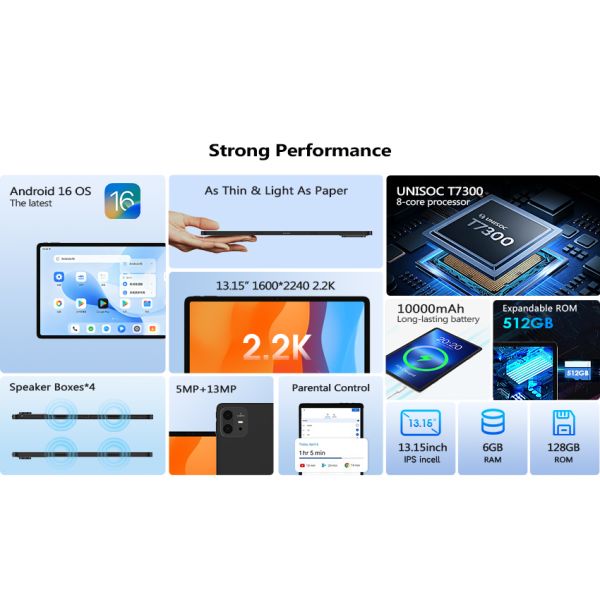Kinstone 13.15 inch Andriod 16 Tablet PC 10000mAh, 4G Calling Tablet, 6GB+128GB