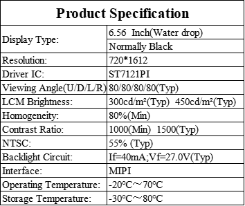 6.56 Inch IPS TFT Mobile Phone LCD Display 720x1612 300cd/M2 Luminance MIPI Interface