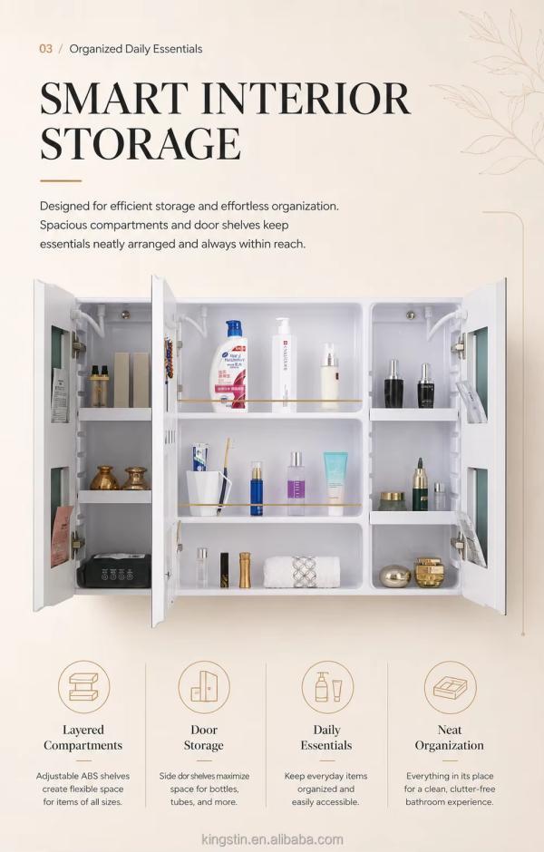 Kingstin Durable ABS Bathroom Mirror Cabinet, 3-Door Wall-Mounted Storage with Custom Size for Hotel Projects