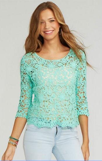 Quality Lace Long Sleeve  Ladies / Womens Shirts Blouses Green / White / Black for sale