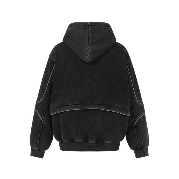 Dark Grey Washed Heavyweight Fleece Winter Hoodie Reflective Strip 3D Pattern Vintage Style Oversized Fit Breathable Windproof