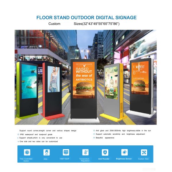 Customizable 65-Inch Outdoor Floor Standing Digital Poster Kiosk LCD Waterproof 10-Point Touch Sunlight Readable Shopping Mall