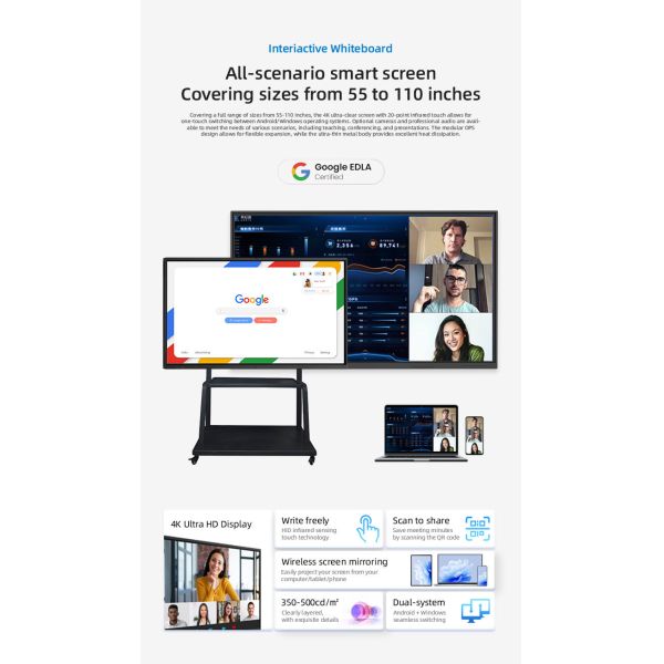 55 - 110 Inch 4K LCD Interactive Whiteboard with 40 Points Touch for Schools Use