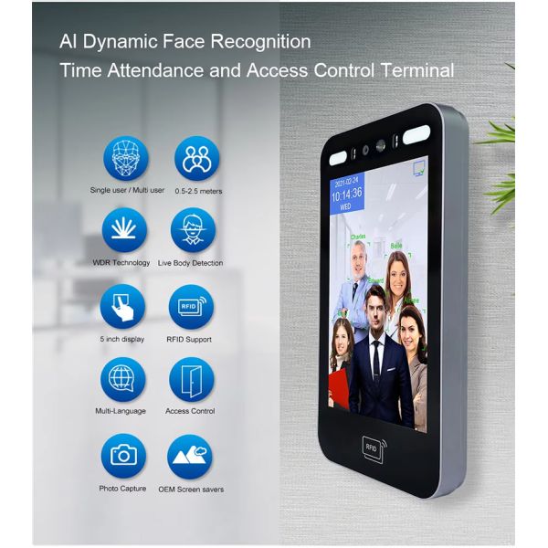 8 Inch Screen Dynamic Biometric Time Attendance System Fingerprint Face Recognition Access Control Device WIFI Cloud