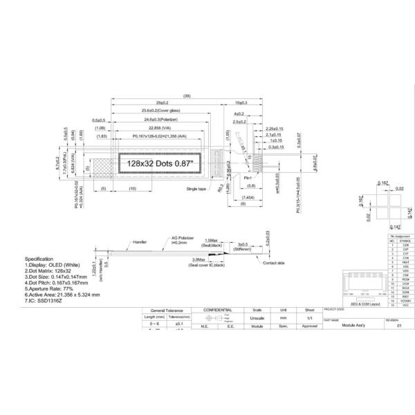 0.87 Inch White OLED Display with 128*32 Resolution and 4 Wire Spi Interface