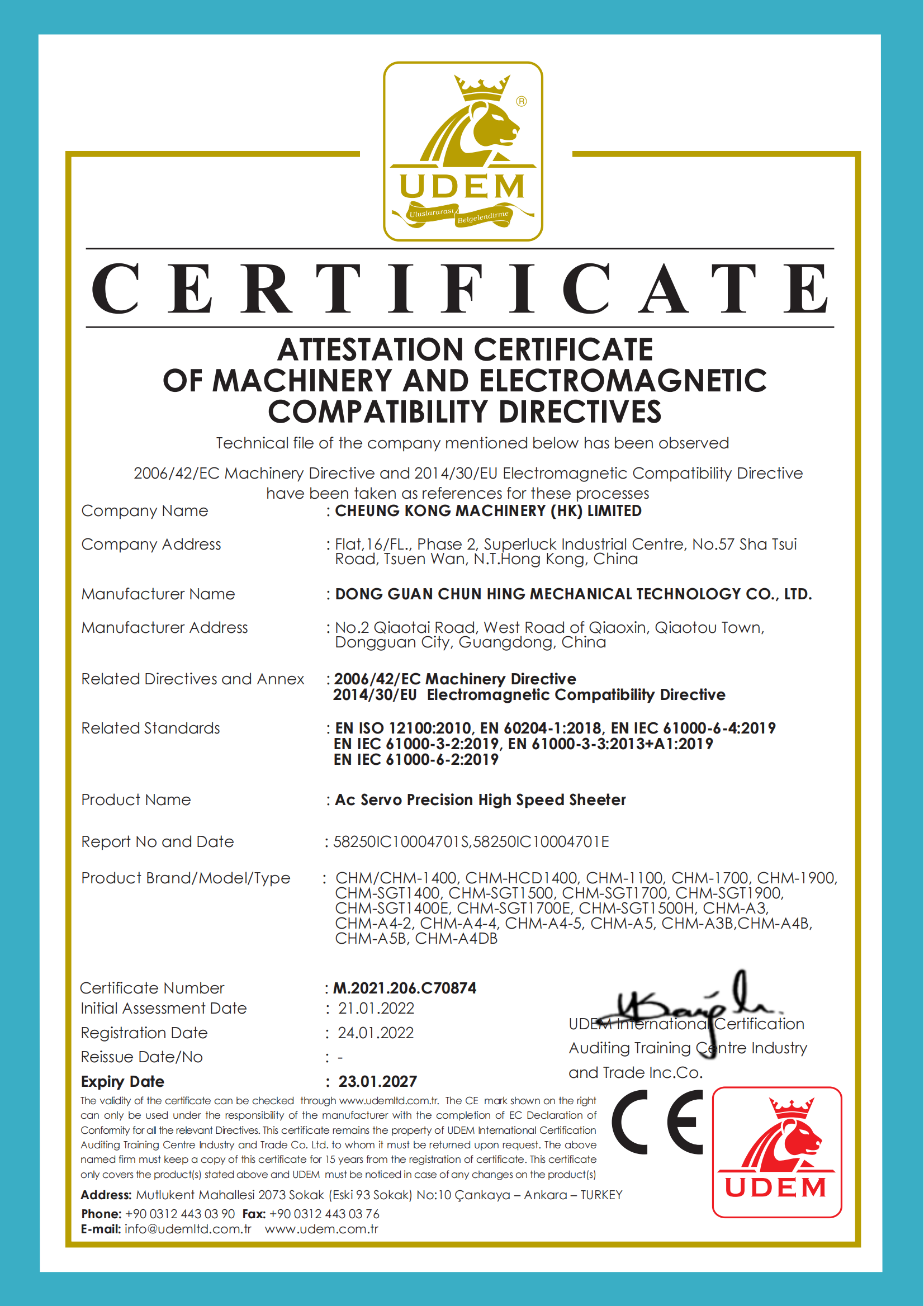 Dongguan Chun Hing Mechanical Technology Co., Ltd. Certifications
