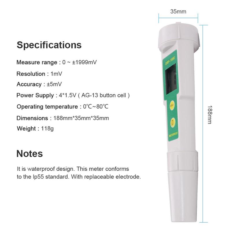 Waterproof ORP Meter with Replaceable Electrode and 0~±1999mV Range for Accurate Redox Testing