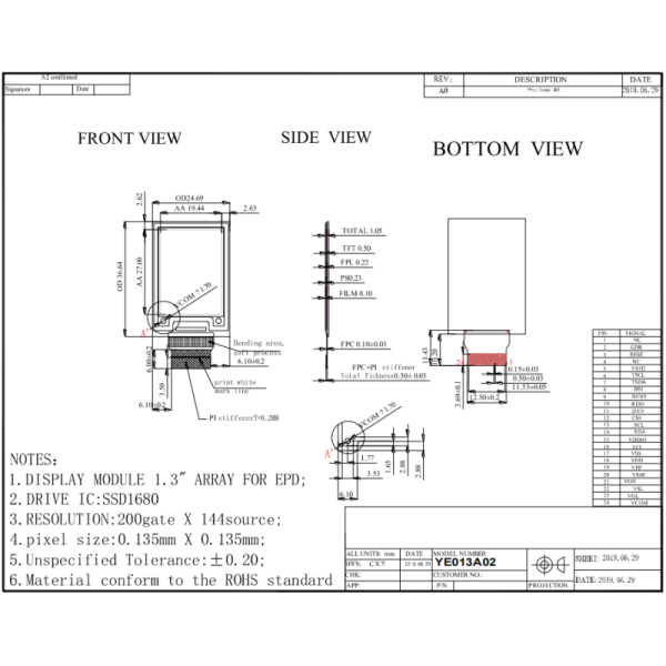 1.3 Inch E-paper Display 144×200 Resolution 24pin Low Power Consumption 3-Color E-Ink Screen