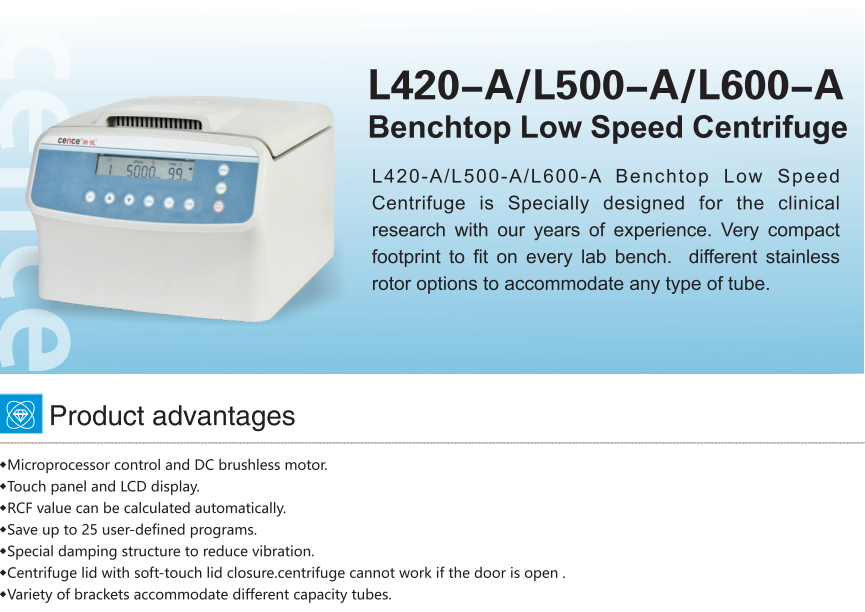 Cence L600-A Low Speed Centrifuge 6000rpm 5120xg Benchtop Model
