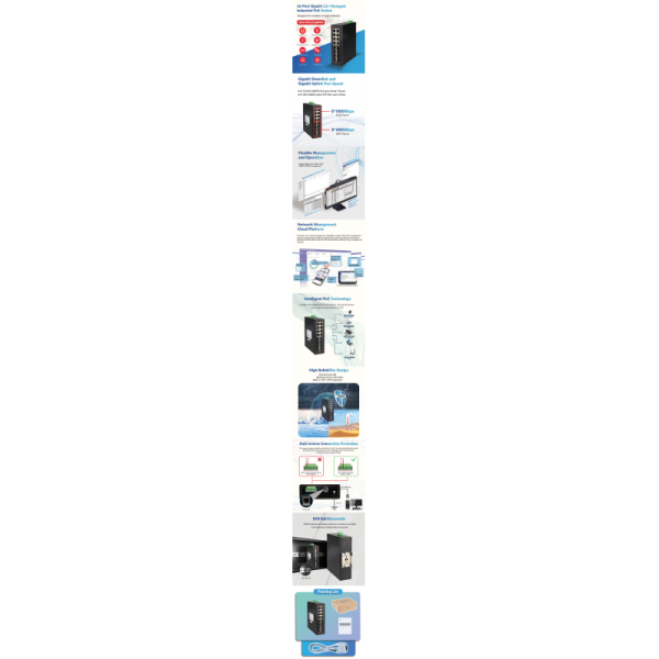16 Port Gigabit Industrial PoE Switch Vibration Resistant for Long Distance Networks