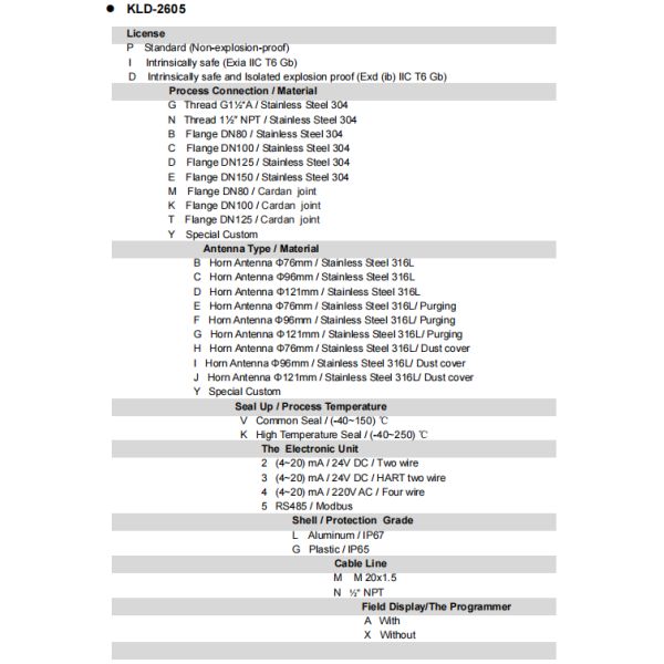 KLD 26GHz Series 4 - 20mA HART Radar Level Meter Solid Particles Level Meter