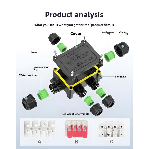 Waterproof Cable Junction Box, 1 Port Input to 4 Outputs, IP68 Rated