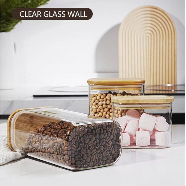 IKOO Rectangular High Borosilicate Glass Canister with Bamboo Lid for Modern Multifunction Kitchen Storage