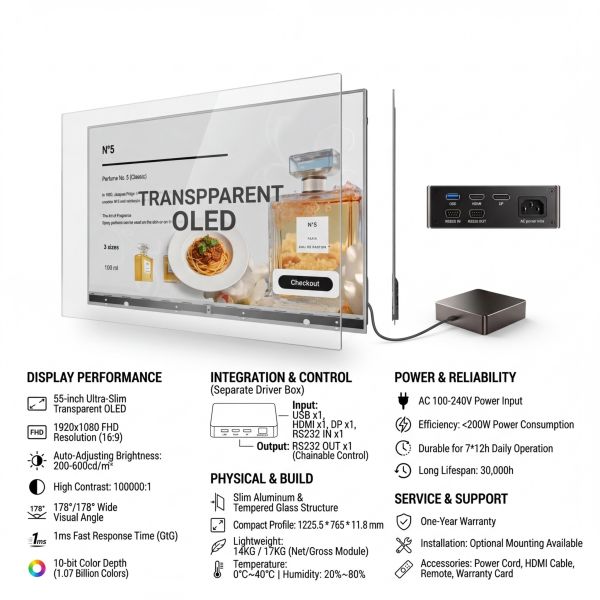 55 Inch Indoor HD Touch Transparent Display Unit for Smart Commercial Display and Interactive Digital Signage