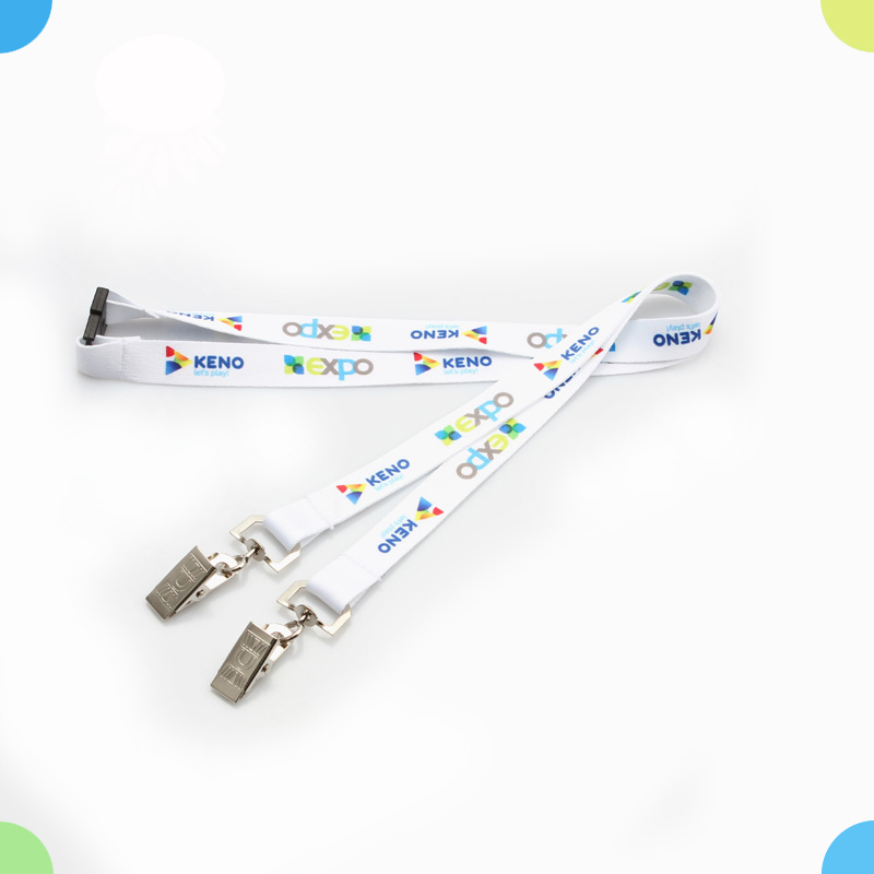 Custom Polyester Badge Holder Lanyard – Double End Clip with Two Metal Hooks