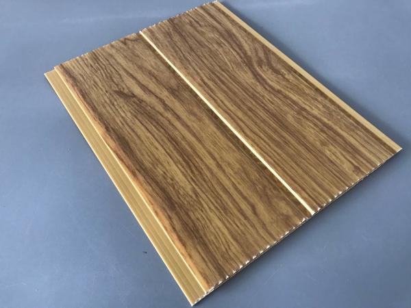 Quality 5mm Thickness Ceiling PVC Panels For Kitchen Two Golden Line Wooden Color for sale